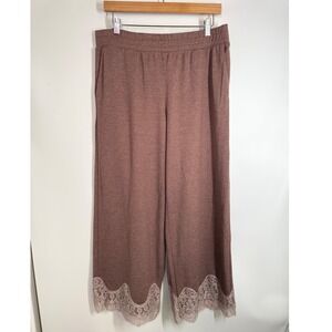 LOGO Lori Goldstein Lounge Pants Size L Mauve/Brown Wide Leg Crop Lace Trim Cozy
